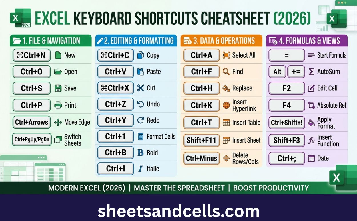 Excel Keyboard Shortcuts Cheatsheet (2026)